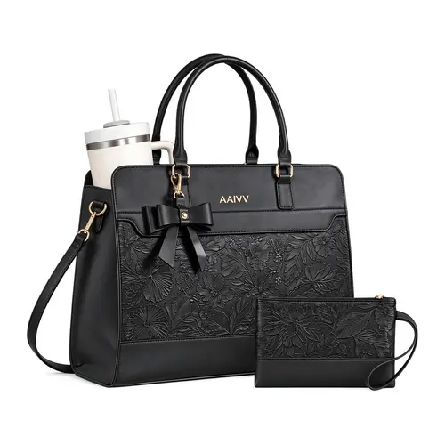AAIVV Laptop Tote Bag for Women, 2-Piece 15.6 Inch PU Leather Work Bag with Cup Holder, Matching Wristlet Clutch, Padded Computer Sleeve, Anti-Theft Pocket, Detachable Strap for Teacher Office Travel（Black） backtoschool, Workbag, Tote Set