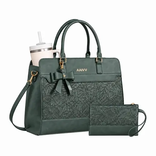 AAIVV Tote Set for Women, Brown Floral PU Leather 15.6 Inch Laptop Bag, Crossbody Work Purse with Cup Holder & Wristlet for Office, Travel(Green)