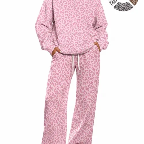 Women’s casual leopard-print set featuring a hooded sweatshirt with kangaroo pockets and a relaxed drop-shoulder long-sleeve fit; matching sweatpants have an elastic waistband with drawstring, a loose, drapey straight cut, and practical side cargo pockets