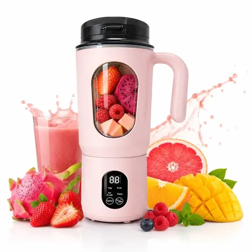 Blush Pink 580ML Cordless Compact Portable Hand-Held Blender - USB Rechargeable Kitchen Gadget for Kitchen Countertop, Time Saving Tool, Frozen Drink Machine, LED Display, 22000 RPM, BPA-Free Food Grade Material, Self-Cleaning Household Juicer Appliance,