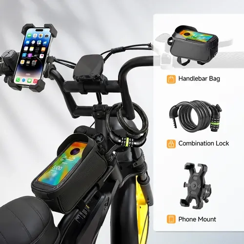 Organized 3-in-1 Ebike Accessories Set for Bicyclists - IPX4 Waterproof Bag, 42" Anticut Secure Cable Lock, Shockproof 360° Rotating Touchscreen Phone Mount with Padding
