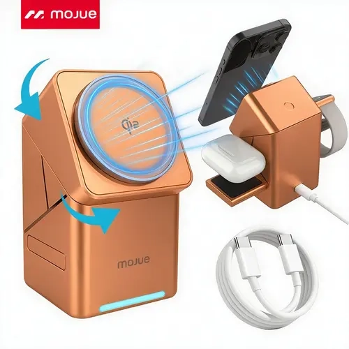 MOJUE 3-in-1 Portable Qi2 Certified 15W Fast Magnetic Charging Station Full Kit (With Cable) - USB-C Charger, Auto Rotate Magnetic Charging Pad, Portable iPhone Charger for iPhone 18/17/16/15/14/13/12 Pro Max, Apple Watch, AirPods Pro, Samsung Phones