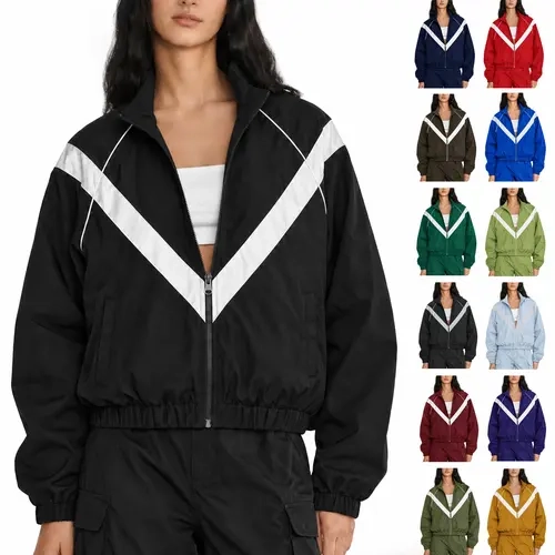 Women's Color Block Stand Collar Jacket with V-shaped color block lines, full front zipper closure, side seam pockets, elastic hem and elastic cuffs, available in multiple colors, suitable for running, fitness training and daily streetwear outfits.