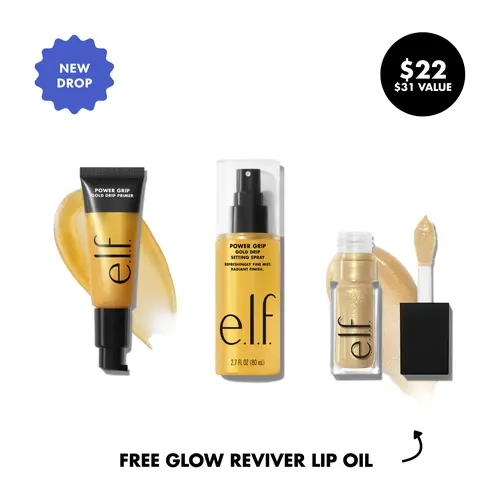 e.l.f. Power Grip Gold Drip Primer & Setting Spray Duo - Gold Micro-Shimmer Face Primer & Bi-Phase Setting Spray for Radiant Grip & Long-Lasting Wear, Glow Reviver Lip Oil Glimmer in Citrine Gleam, Vegan & Cruelty-Free