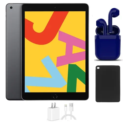 Refurbished Apple iPad 10.2-Inch, 32GB, Wi-Fi Only, Space Gray, Bundle: Protective Case, Wireless Earbuds, Charger (Good)