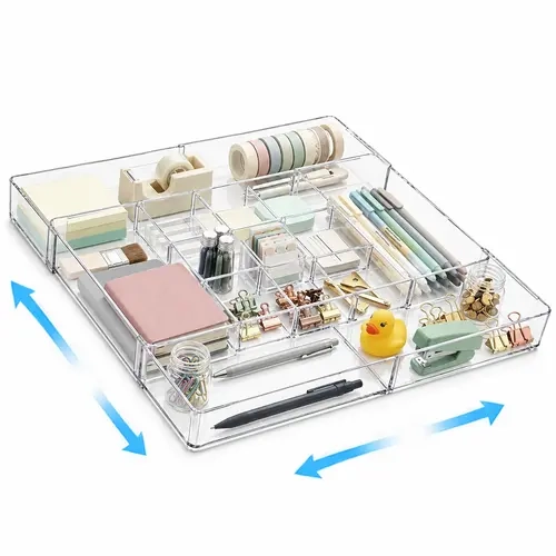 Expandable Acrylic Drawer Organizer, Premium Clear Desk Organizer with 6 Adjustable Compartments, Multi-Purpose Storage Tray for Office Supplies, Makeup, Kitchen Utensils & Bathroom Accessories