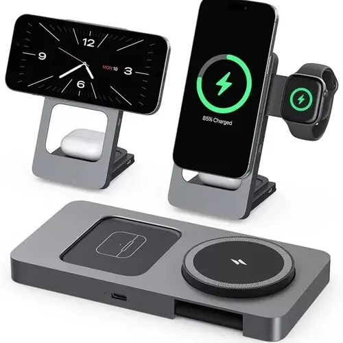 3-in-1 Magnetic Wireless Charger | 15W Fast Charge, Foldable Ultra-Slim Stand, Auto-Alignment, Portable Safe Charging for Phone Watch Earbuds