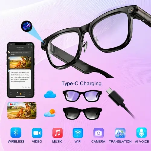 AI Smart Glasses for Cycling, Driving, Travel - 160 Language AI Translation with Chat GPT, HD Voice Calls & Hands-Free, HIFI Music Speaker, Color Changing Lenses for Men & Women Bluetooth smart glasses Hands-Free Calling smart glasses