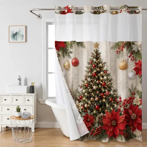 Christmas Tree Curtain  No Hook Double Layer Shower Curtain with Waterproof Fabric, Holiday Tree Floral Print Bathroom Decor Easy Install Curtain for Home, Hotel & Dorm 72x75 Inch