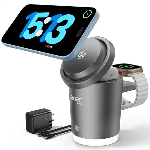 Acer S7 Compact Adjustable 3-in-1 Magnetic Wireless Charger - Qi2.2 Certified 25W Fast Charging Electronic Mobile Accessory for Smartphones, Smart Watches & Wireless Earbuds, with 45W Adapter, Cooling Fan & Ambient Light