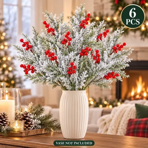 Artificial Frosted Christmas Pine-Cedar Stems with Red Berries, Snowy Evergreen Picks for Holiday Vase Decor