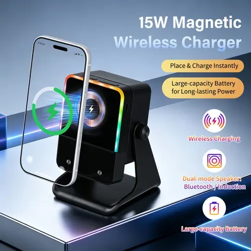 5-in-1 Magnetic Bluetooth Stereo Wireless Speaker Stand Accessories - Sing along with a microphone, 360° Adjustable Phone Tablet Holder, 2000mAh Rechargeable Inductive Emergency Power Bank, Colorful Ambient Light, for iPhone 18,17PM,17Pro,17-12