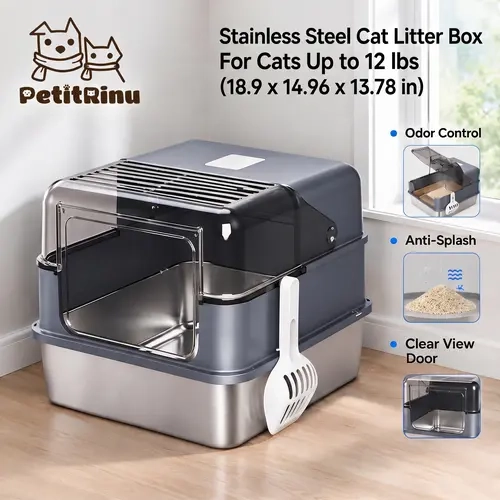 Stainless Steel & Plastic Cat Litter Box, 18.90x14.96x13.78in, Transparent Front Door, Odor-Resistant Inner Basin, Easy-to-Clean, Included Litter Scoop & Lock