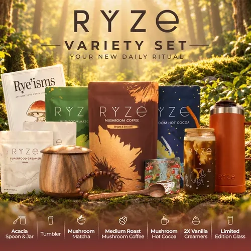RYZE The Variety Set | Mushroom Coffee, Matcha & Hot Cocoa Starter Kit with Creamer & Accessories