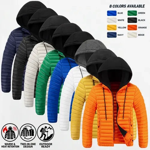 Men's Stylish Plain Hooded Puffer Coat - 2-in-1 Convertible Menswear Top with Detachable Inner Liner, Full-Front Zipper, Side Pockets, Padded Warm Outerwear, Multiple Colors, Ideal for Outdoor Hiking & Winter Casual Outfits