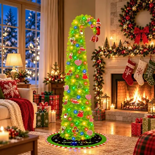 6FT Pop-Up Green Christmas Tree with Multicolor LED Lights, Christmas Ornaments & Elf Decoration, Whimsical Christmas Tree for Indoor Home Decor, Easy Setup Festive Party Decoration