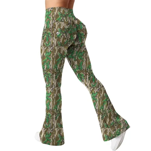 JOJOANS Women's Flare Leggings with Pockets Olive Green-mossy Oak Scrunch Butt Lifting Workout Gym Yoga Pants