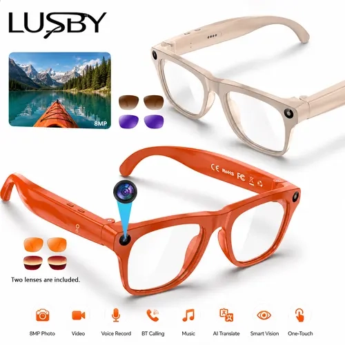 LUSBY AI Smart Camera Glasses for Women & Men, 3 Interchangeable Lenses, POV Photo & Video Recording, Real-Time AI Translation, Voice Assistant, Bluetooth Music & Calls, Stylish Lightweight Smart Eyewear, Tech Gifts for Her, Birthday, Halloween &Christmas