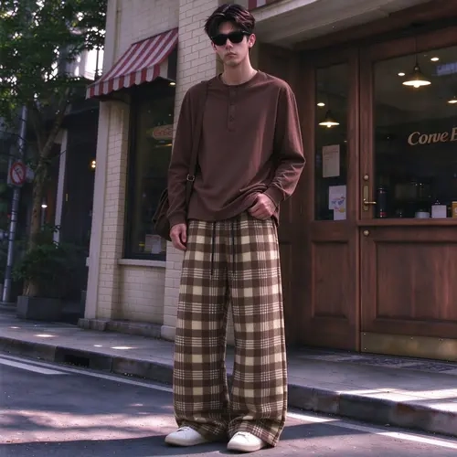 Men’s solid-color Henley-collar long-sleeve top + vintage plaid wide-leg pants two-piece set, made from drapey plaid fabric, American “city boy” style, ideal for shopping, outings, and everyday retro looks. casual 2-piece