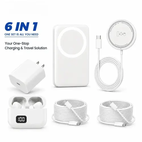 6-in-1 Tech Gift Charging Kit - 5000mAh Magnetic Wireless Power Bank, Wireless Earbuds, Charging Pad, USB-C Cable, 8-Pin Cable, Wall Adapter, Portable Travel Accessory for Mobile Devices, Christmas Gift for Men  & Women