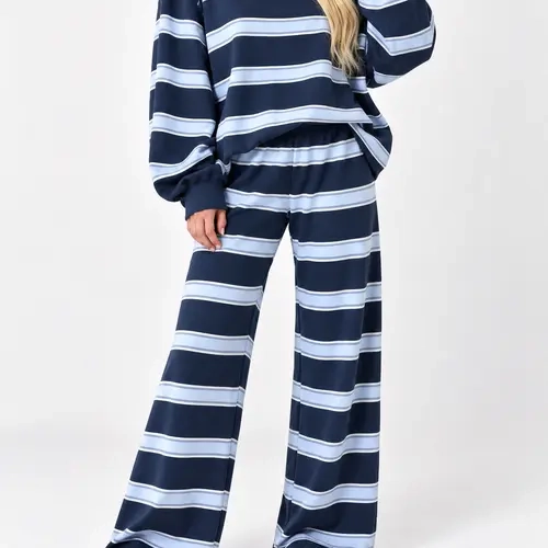 Women's Striped 2 Piece Set - Mock Neck Long-Sleeve Loose Top + Wide-Leg Pants, Casual Women's Clothing for Home & Travel, Autumn/Winter Style, 2 Piece Sets