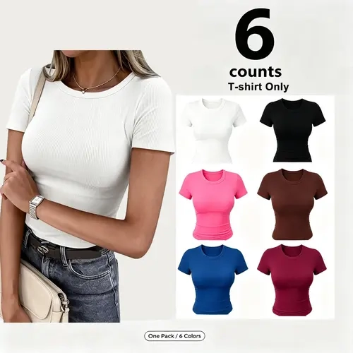 【New Arrival Deal】【Fast Shipping】Lady's Minimalist Skinny-Fitting Ribbed Texture Short-Sleeve Tshirt, Stretchy Polyester Blend Casual Wear Women's Top