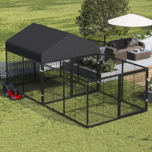 PETONY Outdoor Crate Kennel Enclosure for Small/Medium Dogs, Heavy-Duty Metal Fence Backyard Cage with Rust Protection, Waterproof Roof, All-Weather Resistant Design, Mesh Walls & Double Locks