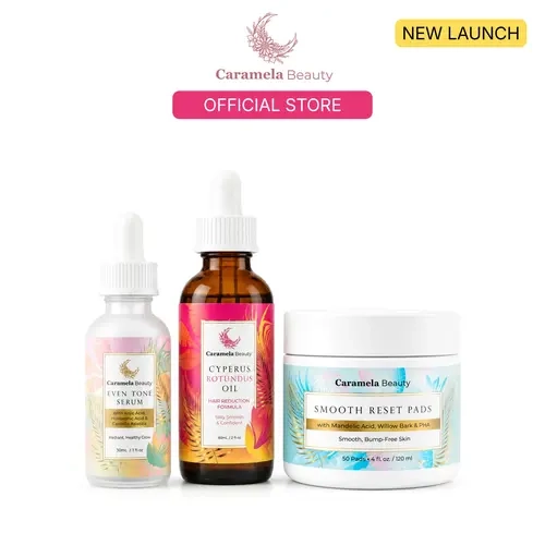 Caramela Smooth Skin Set | Cyperus Rotundus Oil + Smooth Reset Pads + Even Tone Serum | After-Shave Routine for Smooth, Even-Looking Skin, Razor Bumps & Strawberry Legs | Face & Body