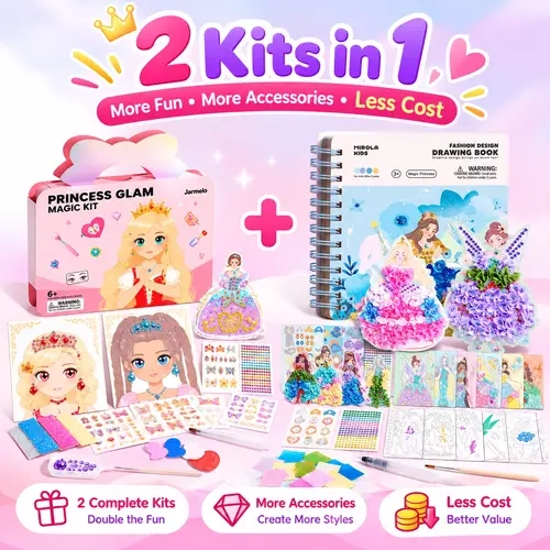 2 Pack Princess Craft Kits for Girls, DIY Diamond Art & Fashion Design Drawing Poke Book Bundle, Creative Arts and Crafts Set, Birthday and Christmas Gifts