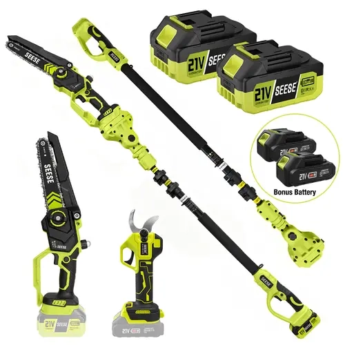 SEESE 2-in-1 Brushless Pole Saw & Pruning Shears Combo, 8" Telescopic Mini Chainsaw with 16ft Working Height, 0.8"-1.26" Adjustable Branch Cutter, 180° Angled Head, Shoulder Strap, 4 x 21V Batteries (2 Bonus) for Garden & Orchard