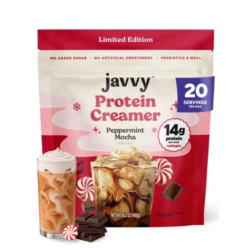 Javvy Limited Edition Peppermint Mocha Protein Coffee Creamer - Grass Fed Pasture Raised Collagen - Hair, Skin & Nail Support, Energy-Boosting MCTs, Keto Friendly, Gluten Free, No Added Sugar, 14g of Protein
