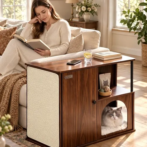 Multifunctional Cat Side Table with Built-In Cat House, Large Scratching Panel, Storage Cabinet and Open Shelf, Helps Protect Sofas