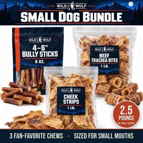<GOLDEN TICKET!> Small Dog Bundle - 4-6” Bully Sticks (8 oz), Beef Trachea Bites (1 lb) & Beef Cheek Strips (1 lb) - 2.5 lbs of 100% Natural Single-Ingredient Dog Chews & Treats for Small Breeds