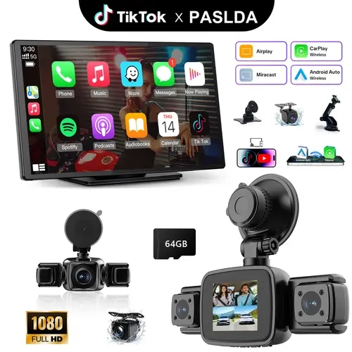【PASLDA】 7" Wireless CarPlay Display with 1080P Monitor + Rotatable 4-Channel 360° WiFi Dash Cam Bundle, Wireless CarPlay & Android Auto, 4-Lens Surround View DVR with 64GB Card, HDR Night Vision, Loop Recording for Cars, RVs & Trucks