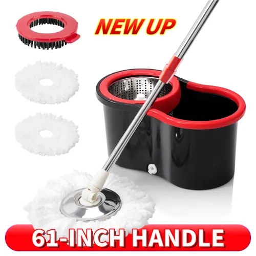 Sturdy Rotatable Spin Mop and Bucket Set with Wringer - 360° Rotating System, 3 Absorbent Microfiber-Cotton Refill Heads, 61-in Adjustable Stainless Steel Handle, Anti-Fouling Home Cleaning Supplies Box, Clean Floors Solution for Hard Floors