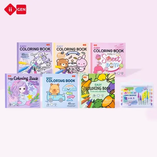 iiGEN Easy Coloring Book - 45-Sheet Cute Coloring & Drawing Book, 120gsm Thick Paper, 40 Coloring Sheets + 5 Drawing Sheets, Beginner Friendly Cozy Art Activity Book, Multiple Themes