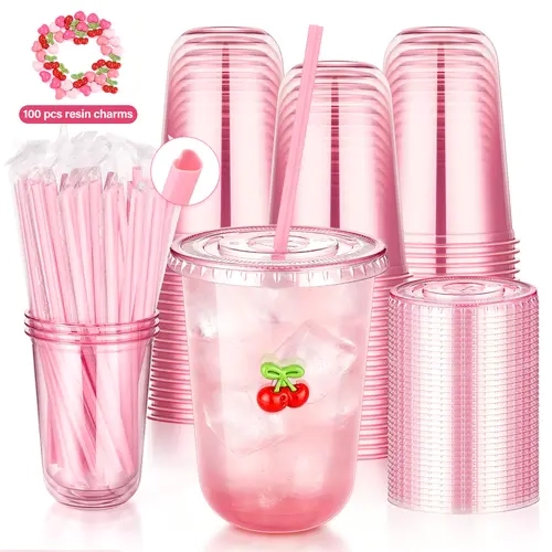 100Pack 14oz(400ml) BPA-Free PET Disposable Set,  DIY，Plastic，Round-Bottom Cold Drink Cups with Pink Heart Straws & Resin Charms for Party ，coffee， protein shake  Birthdays Wedding Parties Ice Coffee To Go Cup New Arrivals Essential Girls' party
