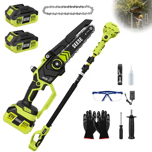 SEESE Brushless 2-in-1 Cordless Mini Chainsaw & Telescopic Pole Saw, 6/8 Ie Electric Pruning Saw with Oil Syste 21V 2000mAh Batteries, 16ft Max Reach, 180° Angled Head, Shoulder Strap, fWood Cutting Gardening Camping, Gifts for Seniors Women