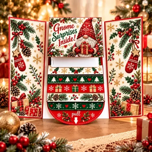 10-Pack Christmas Gnome Pull-Out Greeting Cards—add a little holiday magic to every greeting! Featuring a unique pull-tab design, they make a thoughtful festive gift for family and friends. Each card can hold multiple gift cards and greeting cards.