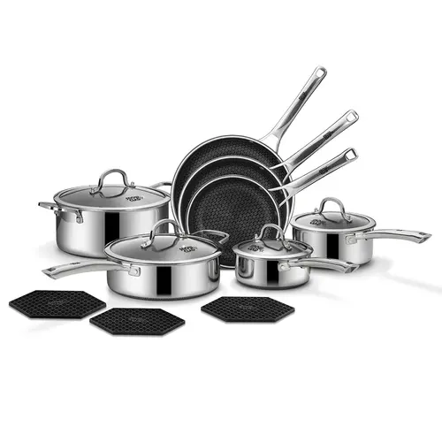 SNOWCLAD 14-Piece Thermal Hybrid Nonstick Metal Cookware Set with Lids, Including Saucepan, Induction Compatible, Oven & Dishwasher Safe, PFOA-Free Non Stick Pot Setas for Cookinga