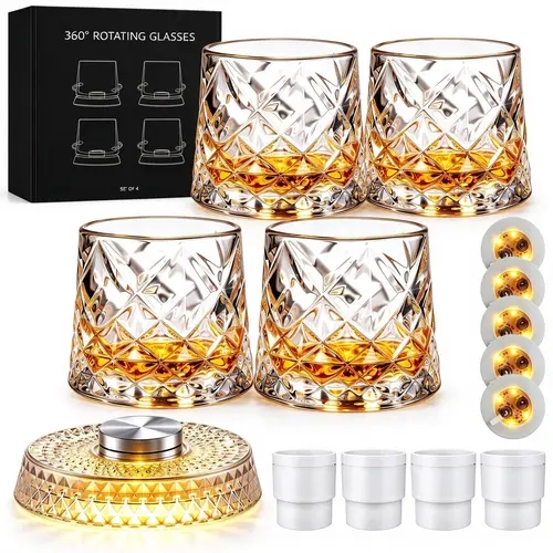 4-Pack Spinning Whiskey Glasses with LED Lights & Ice Ball Molds – 9.5oz Rotating Bourbon Glasses, Gift for Men