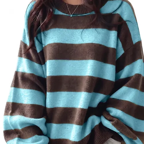 Women's Striped Long Sleeve Round Neck Split Hem Casual Knit Sweater, Fall Winter Pullover, Comfortable and Stylish