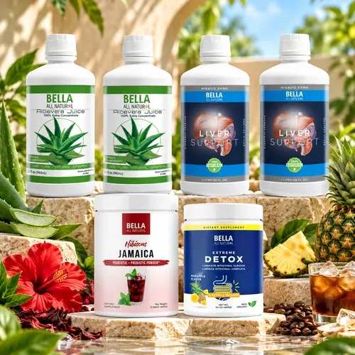 el paquete completo: 2 Aloe Vera Juice + 2 Liver Support + Hibiscus Jamaica Probiotics + Extreme Detox Pineapple