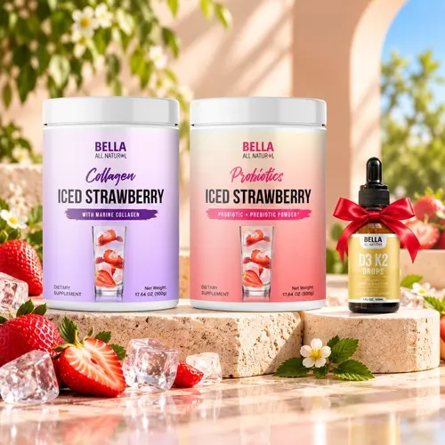 Bella All Natural Strawberry Glow Duo: Collagen Iced Strawberry + Iced Strawberry Probiotics + FREE D3 K2 Drops