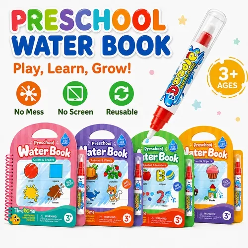 [Auction]Timetome Magic Water Revealing Coloring Books 4-Pack for Kids Ages 3-6 - Reusable with 4 Pens, Learn Alphabet, Numbers, Shapes, No Mess, No Paint, Screen-Free Toddler Educational Arts & Crafts Activity Toy