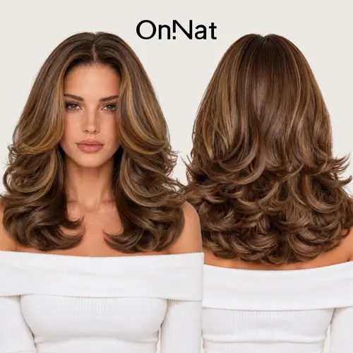 Hannah - OnNat Shaggy Cut Wig | 16 Inches Human Hair Blend Scalpiana Lace Melt Face-Framing Long Curtain Bangs Salon-Style Voluminous Layered Pre-Cut Temple-to-Temple HD Lace Easy Wear Breathable T-Part Cap With Combs & Adjustable Straps
