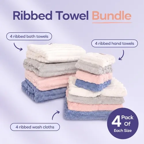 Mellow Sleep Bundle | Ribbed Towels - 4x Bath Towels - 4x Hand Towels - 4x Washcloths - Soft, Cushioned Microfiber with Quick-Drying Ribbed Texture - Products Ship Separately