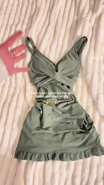 If you want a CUTE yet somewhat modest bikini for this summer, you need this little retro swimdress- on sale rn! ☁️⛱️🌻✨ (wearing size S in green) #tankini #swimdress #SummerFashion #bikini #bathingsuit #flashsale #retrostyle #retroaesthetic #summeraesthetic 