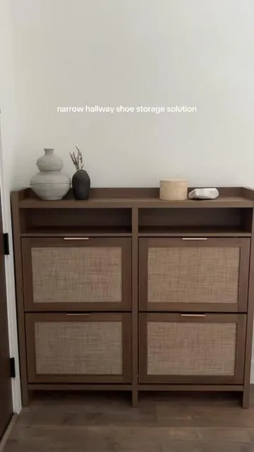 narrow hallway storage solution for small spaces 🤍 #narrowhallway #storagesolutions #storagehacks #shoestorage #shoecabinet #storage #storageideas #cabinetstorage #cabinets #fyp 