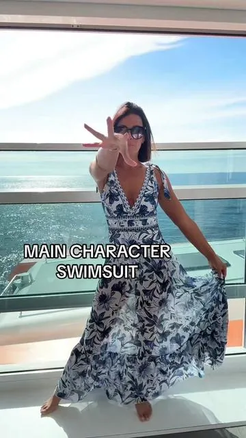 Rich housewife swimsuit with matching long skirt. Deep V with removable pads. Full booty coverage. Gorgeous print and it's end of season on sale! Perfect for a cruise, resort or vacation. Wearing a small (5'3 size 4/6) #onepieceswimsuit #bathingsuit #modestswimwear  #beachvibes #tiktokcreatorpicks 